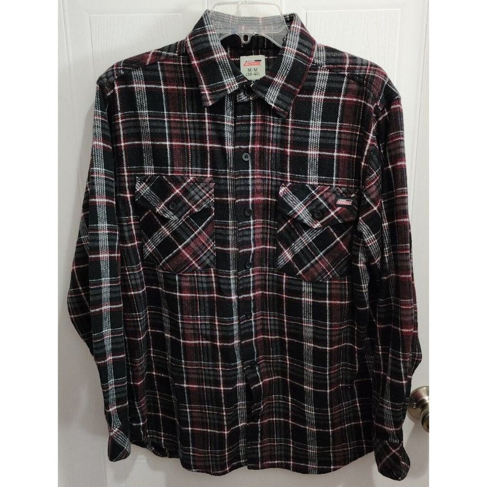 Dickies Black Red Plaid Button Up Flannel Long Sleeve Shirt Size M 100% Cotton